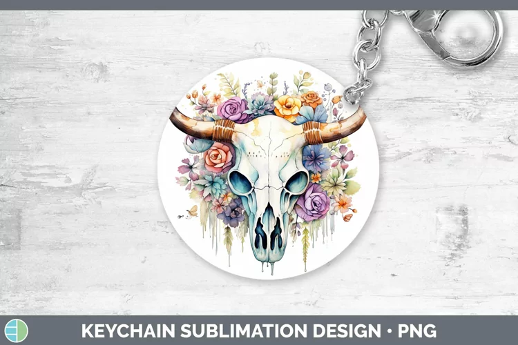 Watercolor Cow Skull Keychain | Sublimation Keyring Design