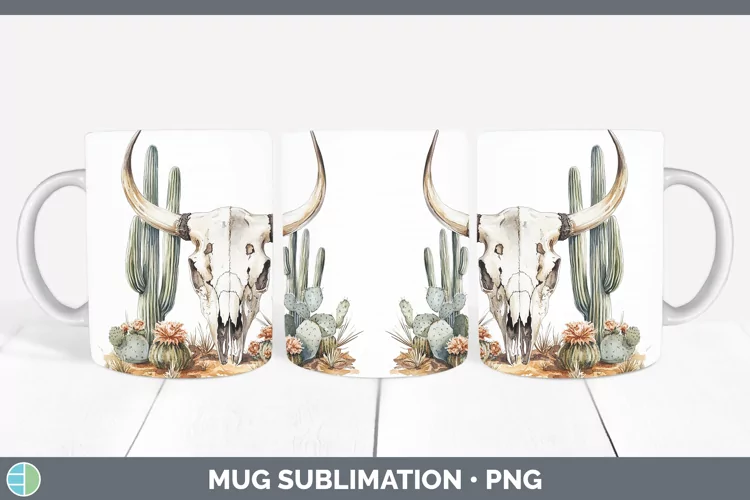 Watercolor Cow Skull Mug Wrap Sublimation Coffee Cup Designs