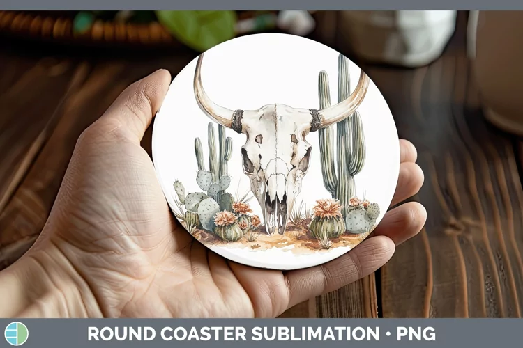 Watercolor Cow Skull Round Coaster Sublimation Coaster Desig