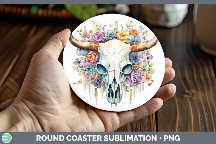 Watercolor Cow Skull Round Coaster | Sublimation Coaster Des
