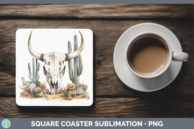 Watercolor Cow Skull Square Coaster Sublimation Coaster Desi