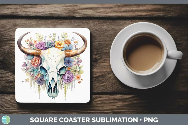 Watercolor Cow Skull Square Coaster | Sublimation Coaster De