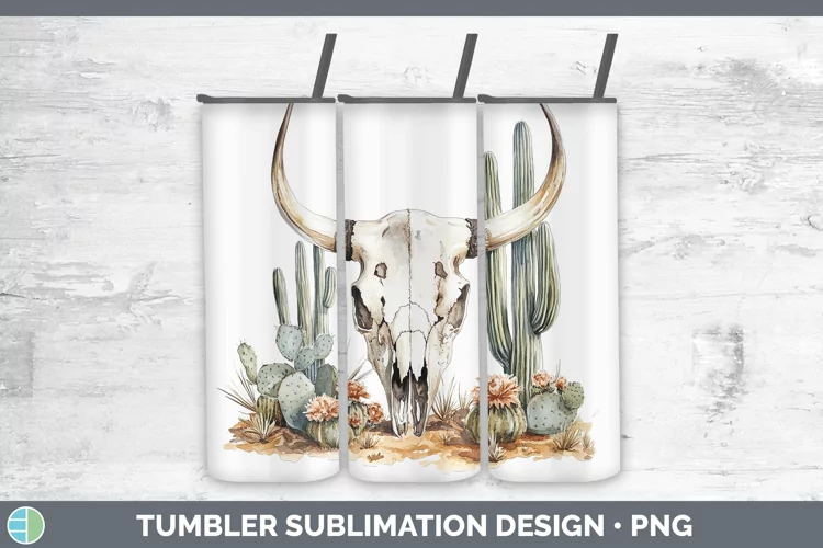 Watercolor Cow Skull Tumbler Sublimation 20 oz Skinny Tumble