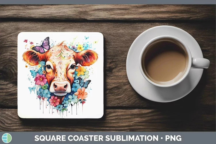 Watercolor Cow Square Coaster | Sublimation Coaster Designs