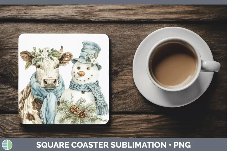 Christmas Snowman Cow Square Coaster Sublimation Designs