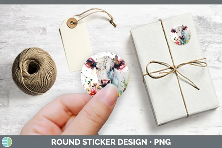 Watercolor Cow Stickers | Round Labels Designs