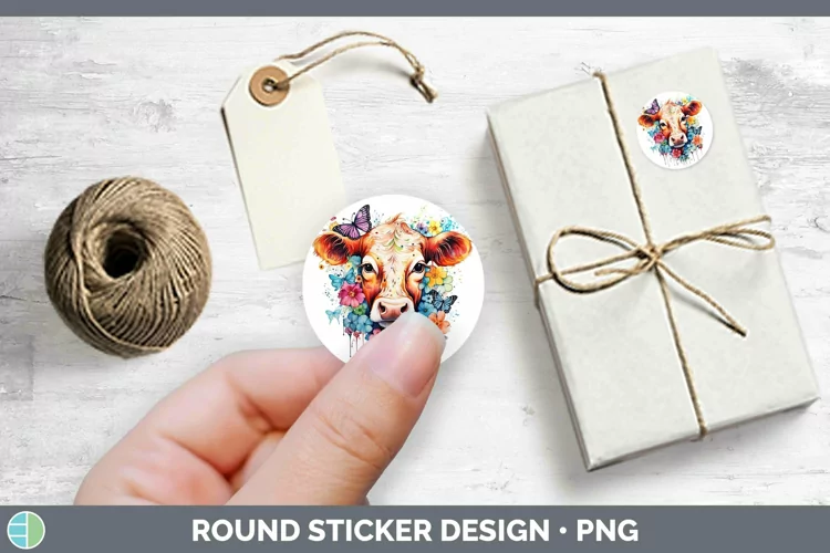 Watercolor Cow Stickers | Round Labels Designs