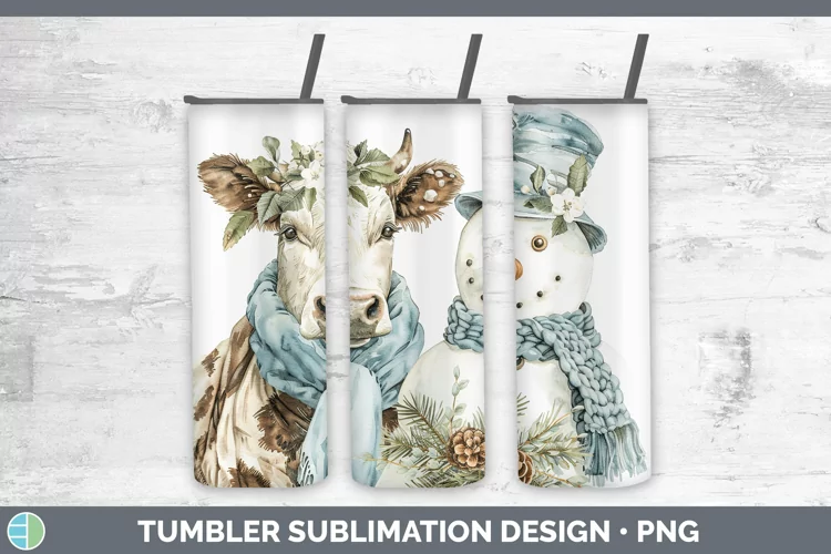 Christmas Snowman Cow Tumbler Sublimation 20oz Skinny Design