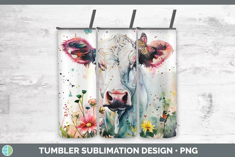 Watercolor Cow Tumbler Sublimation 20 oz Skinny Tumbler Desi
