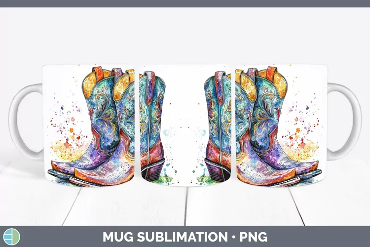 Watercolor Cowboy Boots Mug Wrap Sublimation Coffee Cup Desi
