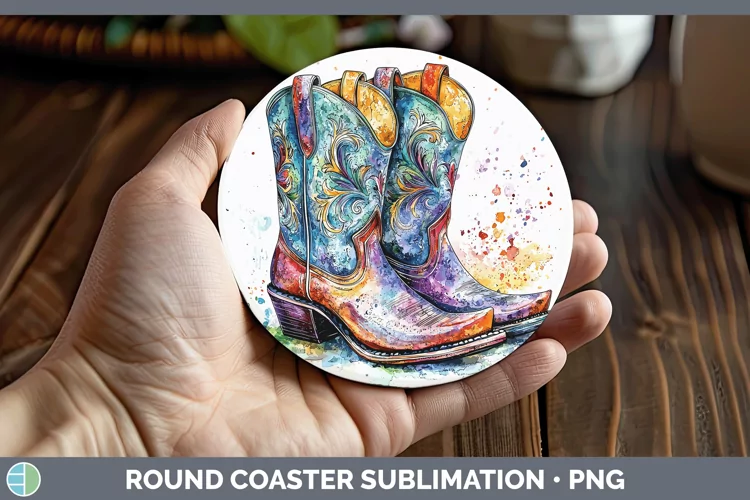 Watercolor Cowboy Boots Round Coaster Sublimation Coaster De