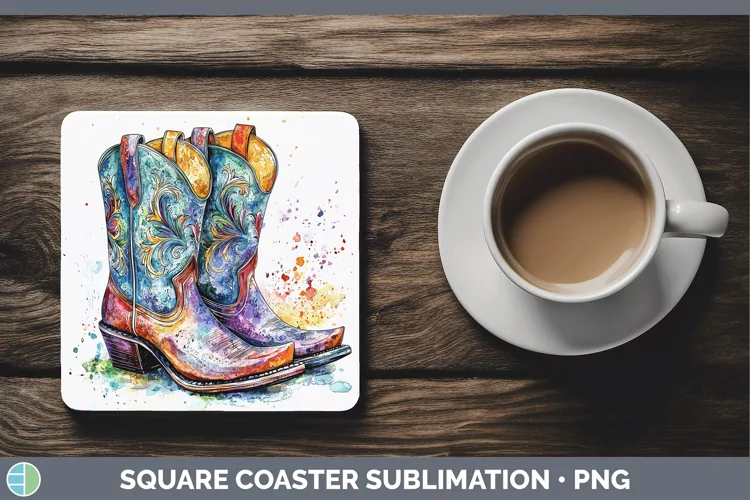 Watercolor Cowboy Boots Square Coaster Sublimation Coaster D