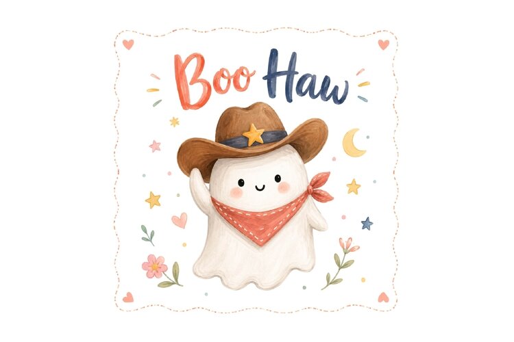 Watercolor Cowboy Ghost Boo Haw PNG Art example image 1