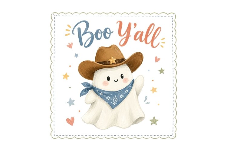Watercolor Cowboy Ghost Boo Yall PNG example image 1