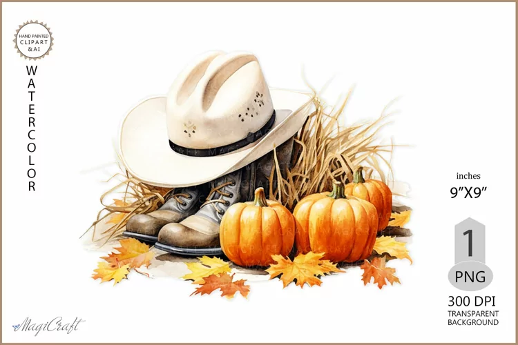 Watercolor Cowboy Hat Boots Pumpkin| Autumn Cowboy style png