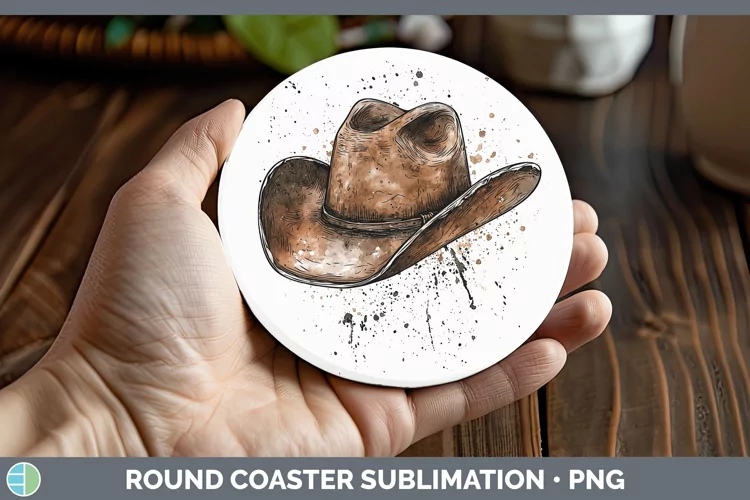 Watercolor Cowboy Hat Round Coaster Sublimation Coaster Desi