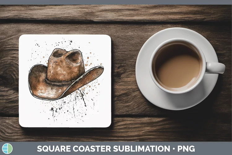 Watercolor Cowboy Hat Square Coaster Sublimation Coaster Des