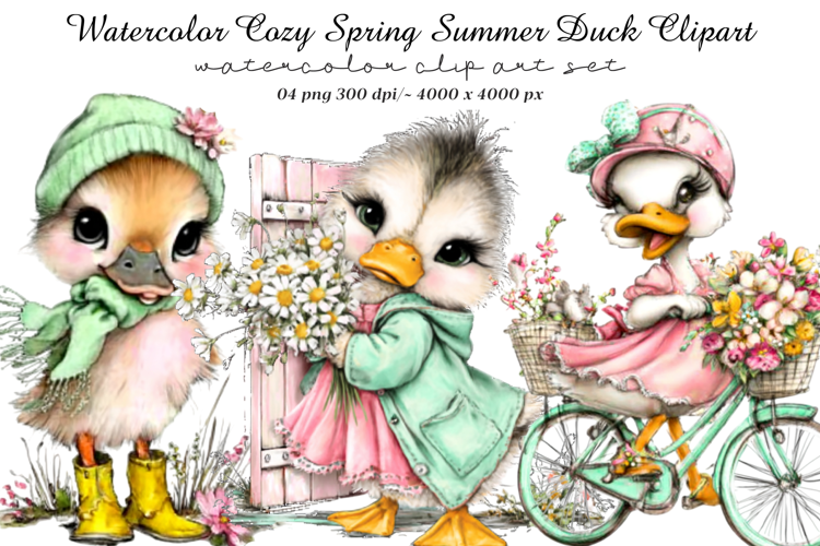 Watercolor Cozy Spring Summer Duck Clipart