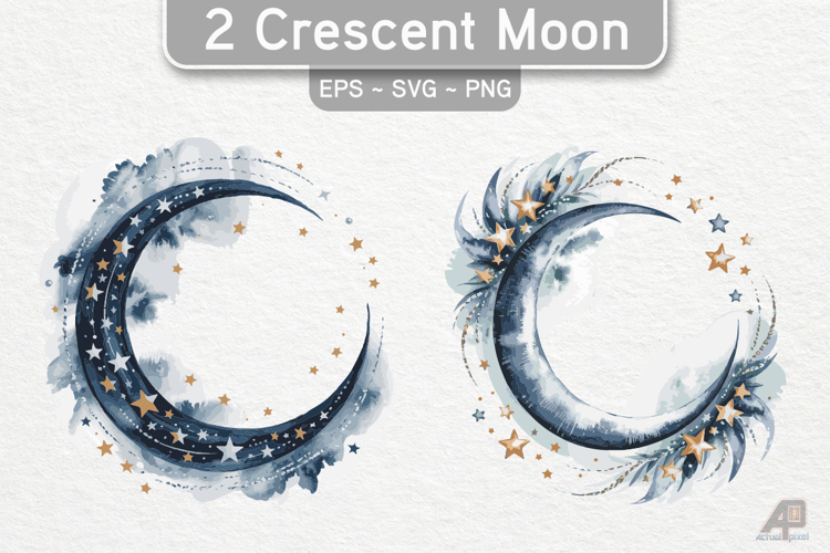 2 Watercolor Crescent Moon Cliparts