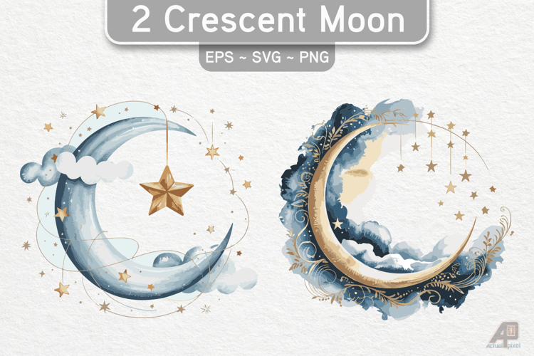 2 Watercolor Crescent Moon Cliparts