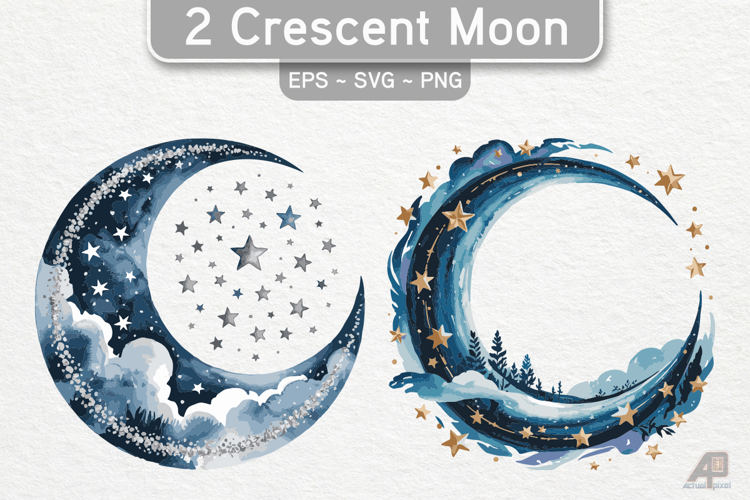 2 Watercolor Crescent Moon Cliparts