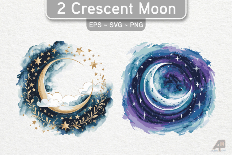 2 Watercolor Crescent Moon Cliparts