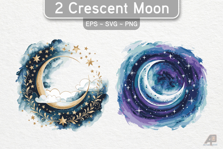 2 Watercolor Crescent Moon Cliparts
