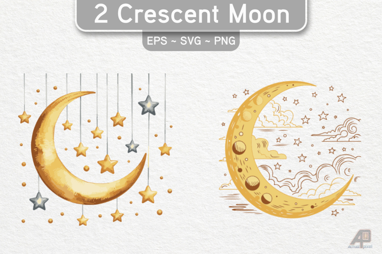 2 Watercolor Crescent Moon Cliparts