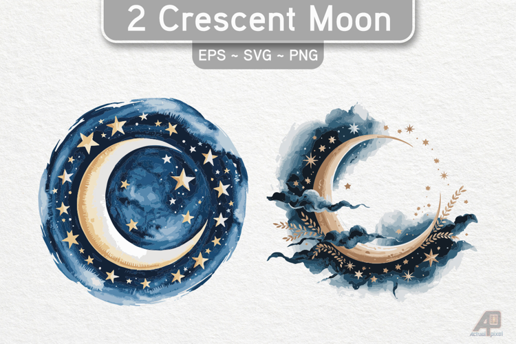 2 Watercolor Crescent Moon Cliparts