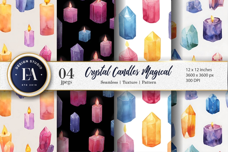 Candles Designed Crystals Watercolor Pattern Digital Paper