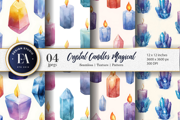 Candles Designed Crystals Watercolor Pattern Digital Paper
