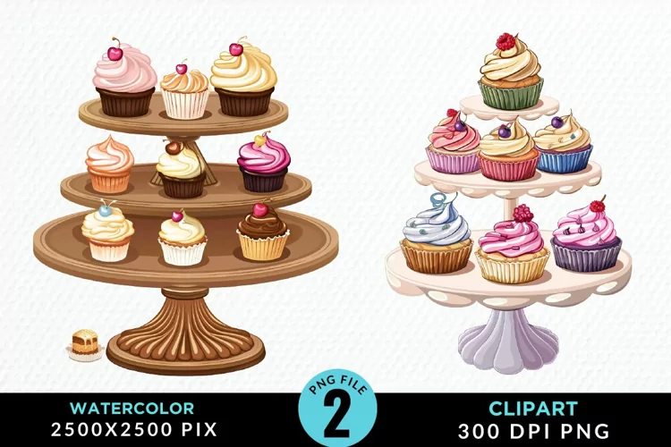 Watercolor Cupcake Stand Artwork Clipart
