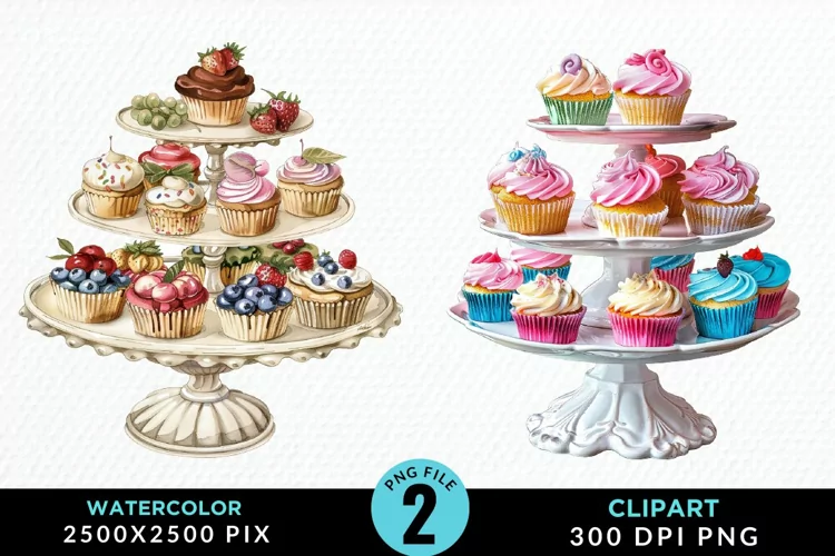 Watercolor Cupcake Stand Artwork Clipart