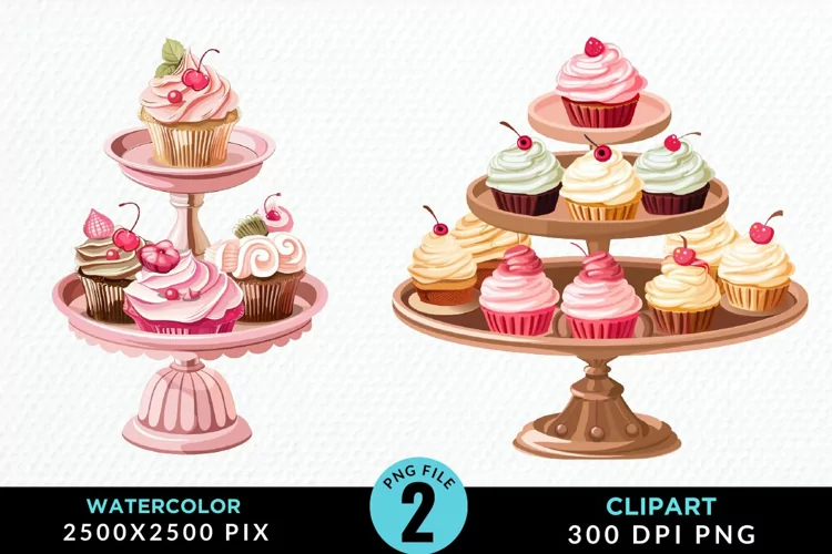 Watercolor Cupcake Stand Artwork Clipart