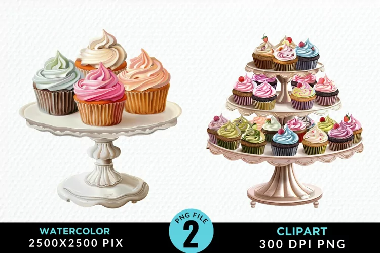 Watercolor Cupcake Stand Artwork Clipart