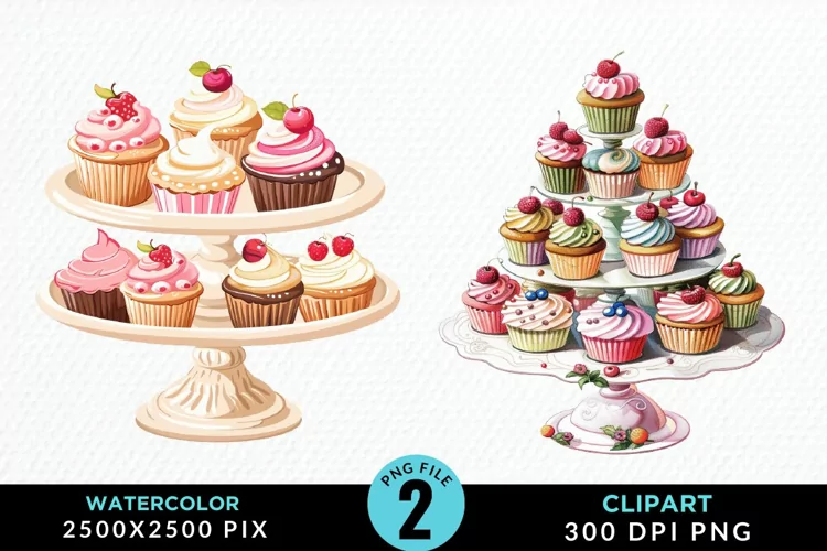 Watercolor Cupcake Stand Artwork Clipart
