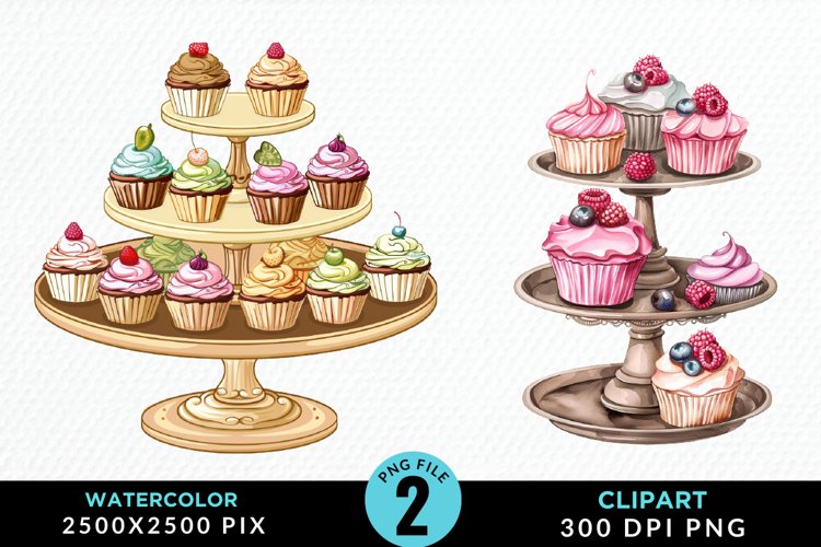 Watercolor Cupcake Stand Artwork Clipart