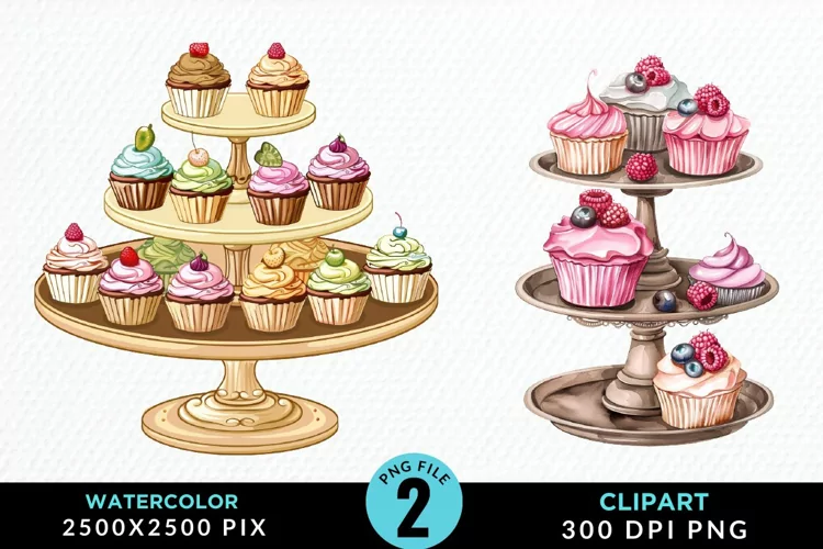 Watercolor Cupcake Stand Artwork Clipart