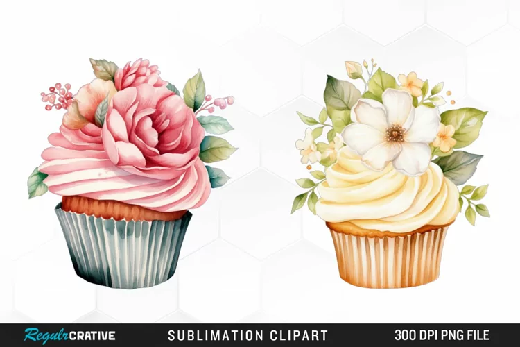 Watercolor Cupcake With Flower PNG Clipart
