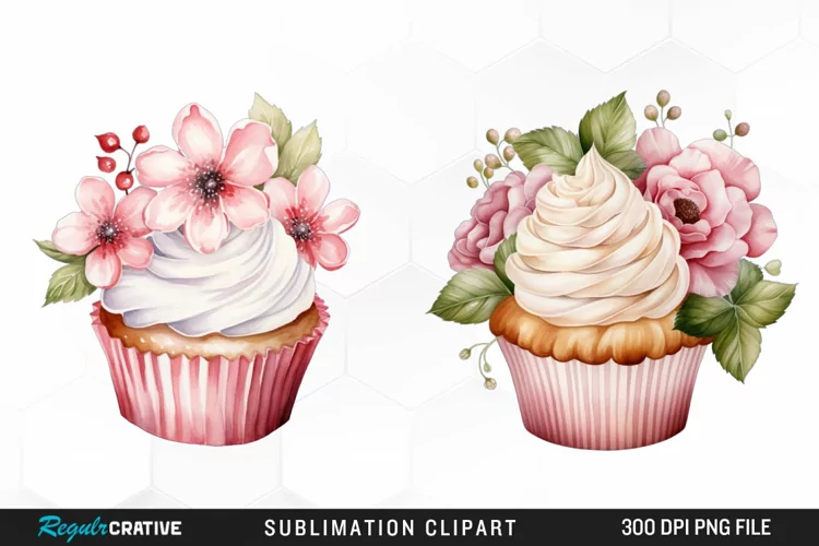 Watercolor Cupcake With Flower PNG Clipart