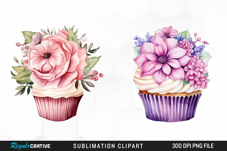 Watercolor Cupcake With Flower PNG Clipart