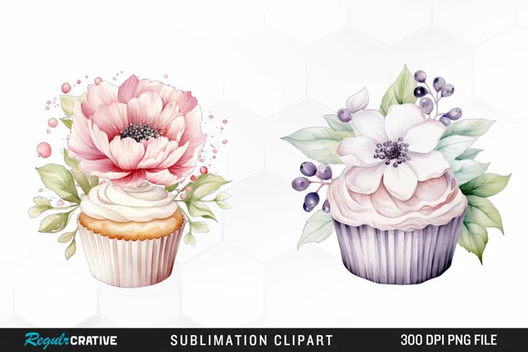 Watercolor Cupcake With Flower PNG Clipart