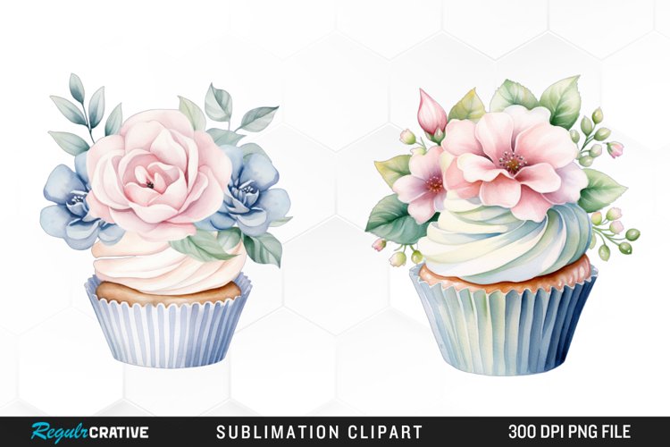 Watercolor Cupcake With Flower Set Clipart example image 1