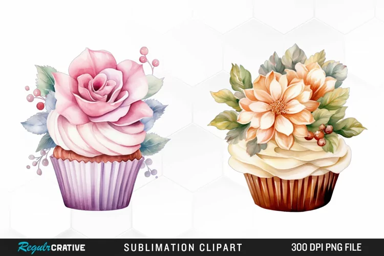 Watercolor Cupcake With Flower PNG Clipart