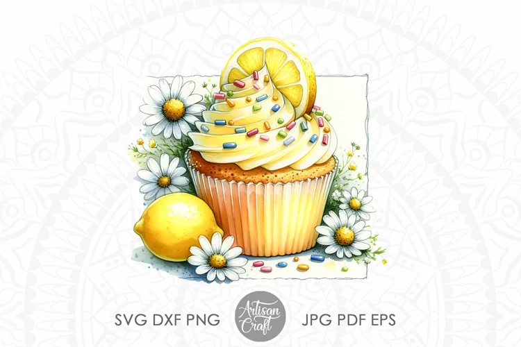 Watercolor cupcake clipart with lemons and daisies
