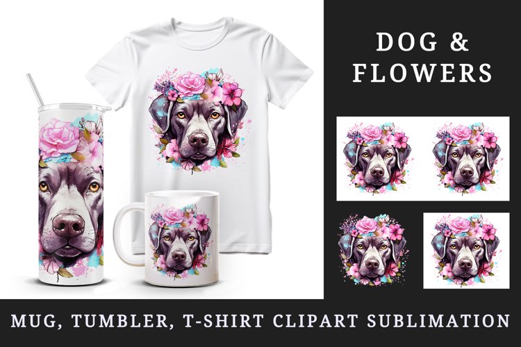 Watercolor cute adorable dog puppy floral pink flowers sparkle print 20 oz tumbler skinny mug wrap clipart t-shirt sublimation printable design