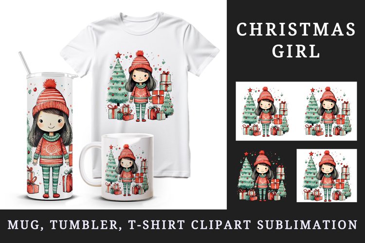 Watercolor cute adorable girl Christmas tree gift box Santa hat New Year 20 oz tumbler skinny mug wrap clipart t-shirt sublimation printable design