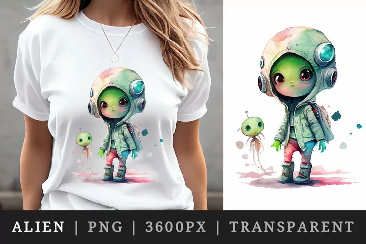Watercolor cute alien girl t-shirt sublimation design png