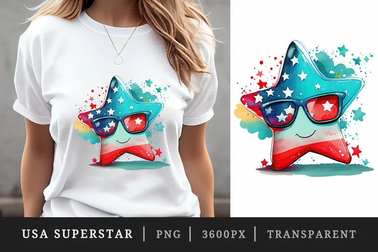 Watercolor cute American Star t-shirt sublimation design png
