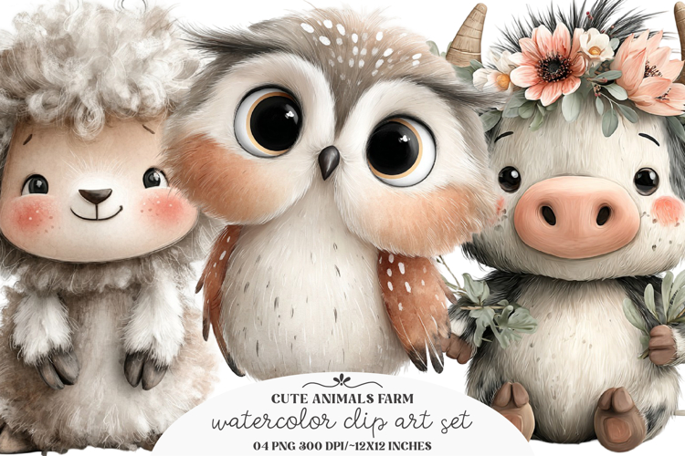 Watercolor cute animal farm clipart - cute animal farm PNG